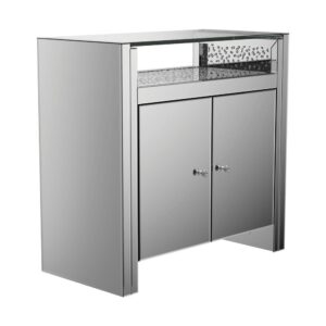 while the silver finish captures the contemporary glam feel. Two cabinet doors provide closed storage