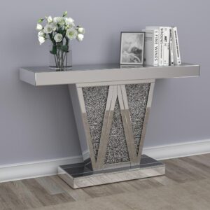 Entertain an elite crowd in your contemporary glam space with this silver console table. A geometric silhouette is enhanced by three triangular sections of the base