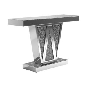 forming a W for added dimension in this contemporary console table. The silver finish showcases a glamorous look in any space. Equally at home in a glam dining room or a contemporary entertaining space
