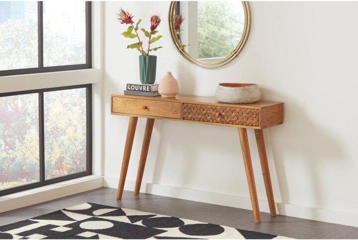 The uses are many for this console table. The angled tapered legs make it a stylish fit as a coffee table. The rich