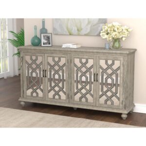 This cabinet brings you a stunning blend of elegance from a transitional glam accent cabinet. Design work on the cabinet doors calls attention to the transitional nature of the piece. The timeless antique white finish brings the glam element