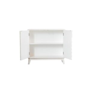 A marvelous accent cabinet is ready to enhance your modern living area. The white finish is enhanced with a striking geometric pattern for visual appeal and texture. The cabinet doors conceal one interior shelf for storing your essentials. Your new accent cabinet is supported on stunning angled legs. Add it to your entryway to elevate your decor.