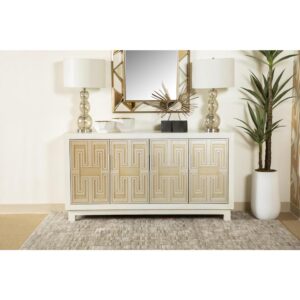 you can't go wrong with this piece. A Greek key design on the cabinet door panels add texture and pizzazz. The white