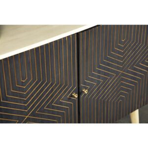 its gold geometric pattern forms an eye-catching diamond design on each cabinet door against a black finish. Meanwhile