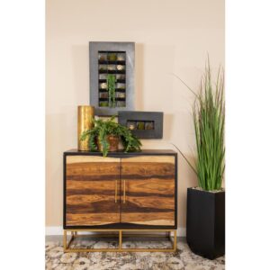 A handcrafted accent cabinet from India makes its presence known. With its mix of natural wood colors