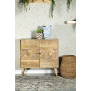 Adore the beauty of this unique accent table in your entryway or living space. Two cabinet doors keep items neatly organized within. A checkered pattern highlights the cabinet doors