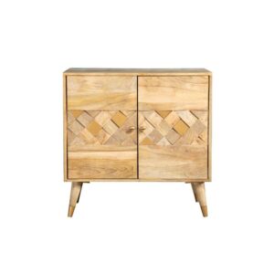 which are beautifully finished in varying natural hues. The natural finish of the accent cabinet is enhanced with its boxy and simple structure. This piece is supported on rounded tapered legs.