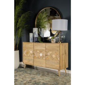 Get lost in the eye-catching appearance of this unique accent table in your entryway or living space. Three cabinet doors keep items neatly organized within on two interior shelves. The checkered pattern of the cabinet doors is beautifully finished in varying natural hues that blend together. This piece flaunts a beautiful natural wood finish with rounded tapered legs for support. Choose this piece to enhance mid-century modern spaces.