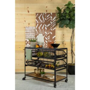 its fun industrial motif hints at casual and purposeful. Shelves fashioned of natural finish wood join black finish mesh metal