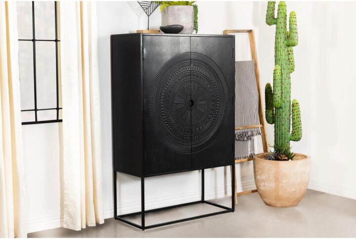 Embrace an exotic look in your modern or transitional space with an accent cabinet worthy of notice. This exceptional cabinet features construction of bold black wood and sits over an open iron frame