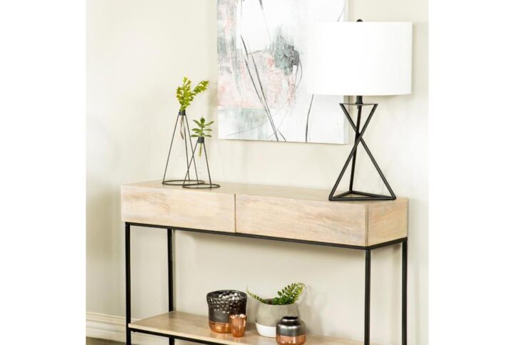 Sleek lines and contrasting finishes come together to create this contemporary console table. The top dual drawers and open bottom shelf