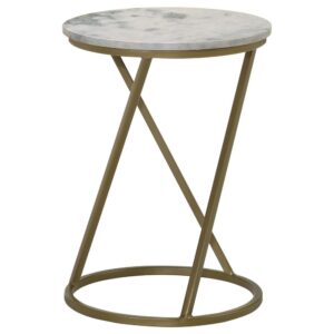 this contemporary accent table offers up classical elements with modern silhouettes and shapes. situated on a flush ringlet base is a frame with an angled and straight metal support structure. The elegant