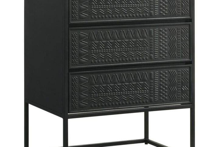 Tribal bands offer subtle dimension and detail to a trio of drawer fronts in the farmhouse accent cabinet. In crisp black