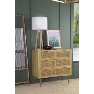 this three-drawer accent cabinet offers up an eco-friendly furniture piece for sustainable homes. Each of the three drawers is adorned with a sleek pulls in an antique brass finish for a polished flair. Lending a vintage-inspired touch are also front panels designed with a natural woven cane for extra texture. This wonderful accent cabinet also rests on bracket style metal legs in the same antique brass finish as the drawer hardware