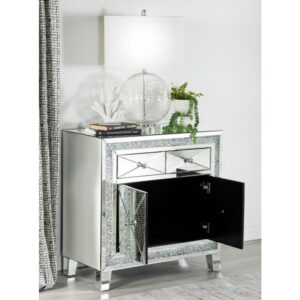 this contemporary accent cabinet offers an eye-catching furniture piece in any space. Two top drawers and a bottom cabinet