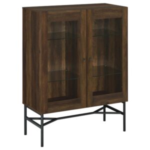 a book collection and more inside this contemporary accent cabinet. Supported by slender metal legs and a trestle support in a gunmetal finish