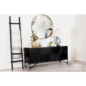 Bold finish composite wood and iron merge to create a stylish and durable four-door accent cabinet. Perfect for use in your dining room