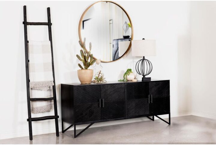 Bold finish composite wood and iron merge to create a stylish and durable four-door accent cabinet. Perfect for use in your dining room