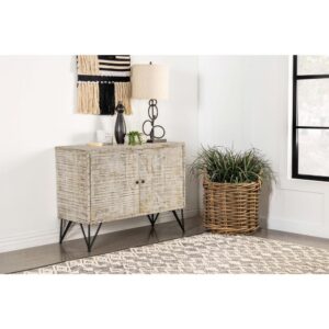 Bring a modern expression to your bohemian style space with this rustic industrial accent cabinet. A large and boxy