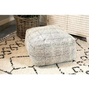 An ink block pattern ottoman and accent stool bring bohemian vibes to your space. Its versatile design as an ottoman or pouf allows for seating and lounging usages. With its cream and black color motif