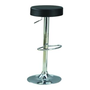 this adjustable bar stool is slick and sharp. Chrome base features oval footrest for convenience. Wide round chrome base allows it to withstand every thrilling Sunday of football. Padded seat is upholstered in black leatherette. With no backrest