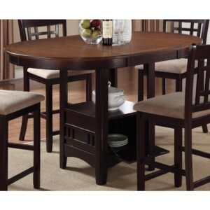Counter height modern dining table from the Lavon Collection. Features 18" extension leaf for added space when needed. Oval table top invites intimate conversation over dinner or dessert. Base features top shelf and inner storage shelf so you're always prepared. Complete the set with matching chairs finished in light chestnut and espresso.