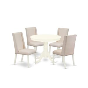 East West Furniture 5-Pc dining table set including 4 upholstered dining chairs and a round luxurious dinner table will improve the beauty of your dining area or kitchen areas. This wooden dining table set is crafted from durable Asian wood