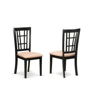 and the 4 dining chairs are designed in a ladder-back style in Black to complement the table.