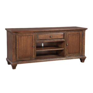 The Sedona Entertainment Console Collection is trending for a look that is rustic yet refined.  The distressed antique cinnamon cherry finish with rub through and detailed molding creates a sense of vintage charm in an up to date style.  Sturdily crafted of hard wood solids with Mango veneers and featuring drawers with English dovetail joinery and full extension ball bearing metal side guides for ease of operation.  Two open compartments with rear cord access ports.