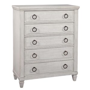 The Salter Path 5-Drawer Chest is a casual classic with modern touches and designer details.  The White Oyster wire-brushed finish with flecks of gray offers a natural textured look.  Antiqued silver ring pulls and square tapered feet add flair to this beautiful chest.  Also features roller-bearing side glides for easy drawer operation and English dovetail for durability.