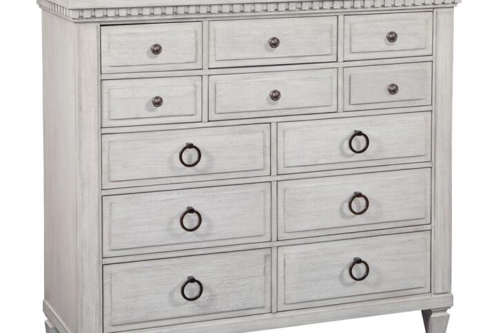The Salter Path 12-Drawer Gentleman's Chest is a casual classic with modern touches and designer details.  The White Oyster wire-brushed finish with flecks of gray offers a natural textured look.  Antiqued silver ring pulls and round knobs  and square tapered feet add flair to this beautiful gentleman's chest.  Also features roller-bearing side glides for easy drawer operation and English dovetail for durability.