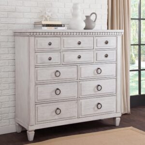 The Salter Path 12-Drawer Gentleman's Chest is a casual classic with modern touches and designer details.  The White Oyster wire-brushed finish with flecks of gray offers a natural textured look.  Antiqued silver ring pulls and round knobs  and square tapered feet add flair to this beautiful gentleman's chest.  Also features roller-bearing side glides for easy drawer operation and English dovetail for durability.