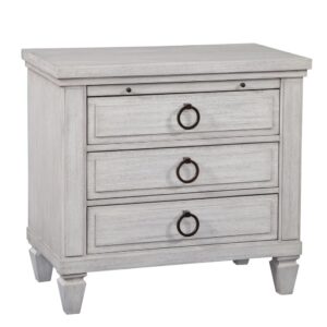 The Salter Path 3-Drawer Nightstand is a casual classic with modern touches and designer details.  The White Oyster wire-brushed finish with flecks of gray offers a natural textured look.  Antiqued silver drawer pulls and square tapered feet add flair to this beautiful nightstand.  Also features a convenient pull-out tray