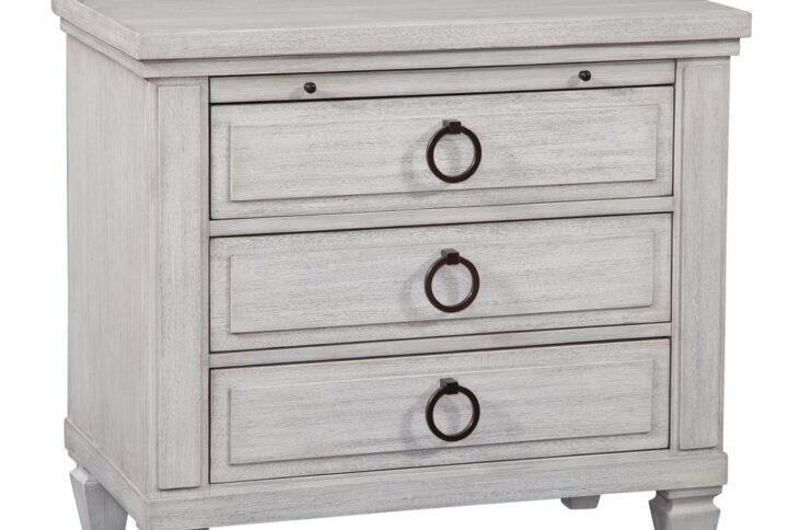 The Salter Path 3-Drawer Nightstand is a casual classic with modern touches and designer details.  The White Oyster wire-brushed finish with flecks of gray offers a natural textured look.  Antiqued silver drawer pulls and square tapered feet add flair to this beautiful nightstand.  Also features a convenient pull-out tray