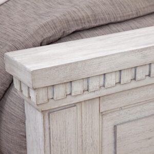 The Salter Path Panel Bed  is a casual classic with modern touches and designer details.  The White Oyster wire-brushed finish with flecks of gray offers a natural textured look.  Dentil molding and raised panels are crafted from solid mahogany and veneers and are highlights of this beautiful panel bed.
