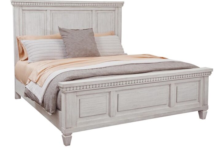 The Salter Path Panel Bed  is a casual classic with modern touches and designer details.  The White Oyster wire-brushed finish with flecks of gray offers a natural textured look.  Dentil molding and raised panels are crafted from solid mahogany and veneers and are highlights of this beautiful panel bed.