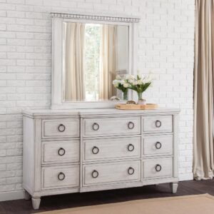 The Salter Path 9-Drawer dresser and landscape mirror is a casual classic with modern touches and designer details.  The White Oyster wire-brushed finish with flecks of gray offers a natural textured look.  Antiqued silver ring pulls  and square tapered feet add flair to this beautiful dresser.  Also features roller-bearing side glides for easy drawer operation and English dovetail for durability.   The stately mirror attaches to the dresser and features dentil molding and beveled glass..