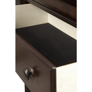 make the Hyde park bedroom collection perfect for any décor style. The Hyde Park chest features 5 spacious drawers with center mounted full extension drawer glides with built in stops for safety. French and English dovetail construction ensure maximum storage while the felt lined top drawer and dust proof panels under the bottom drawer keeps your clothes protected.  Stylish framed end panels