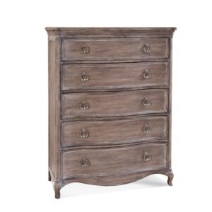The Genoa Bedroom collection lends a romantic yet relaxed atmosphere to your space.    The trendy distressed antique grey finish accents the graceful serpentine fronts of the pieces.  The Genoa Chest features 5 spacious drawers for storage including felt lining in the top drawer to protect your finer things.  Your purchase includes one chest.