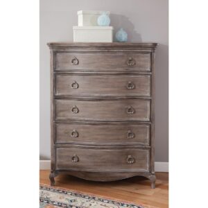 The Genoa Bedroom collection lends a romantic yet relaxed atmosphere to your space.    The trendy distressed antique grey finish accents the graceful serpentine fronts of the pieces.  The Genoa Chest features 5 spacious drawers for storage including felt lining in the top drawer to protect your finer things.  Your purchase includes one chest.