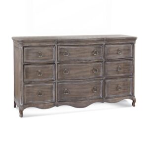 The Genoa Bedroom collection lends a romantic yet relaxed atmosphere to your space.   The trendy distressed antique grey finish accents the graceful serpentine fronts of the pieces.  The Genoa Triple Dresser features 9 spacious drawers for storage including felt lining in the top drawers to protect your finer things.  Your purchase includes one dresser only.