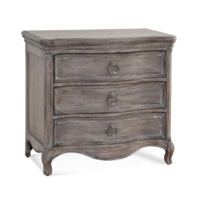 The Genoa Bedroom collection lends a romantic yet relaxed atmosphere to your space.    The trendy distressed antique grey finish accents the graceful serpentine fronts of the pieces.  The Genoa Nightstand features 3 drawers for nighttime storage including felt lining in the top drawer to protect your finer things.  Your purchase includes one nightstand.
