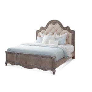 The Genoa Bedroom collection lends a romantic yet relaxed atmosphere to your space.   The trendy antique grey finish accents the graceful silhouette of the pieces.  The Genoa Queen Bed is set apart by the opulent tufted headboard framed by shapely moldings and carvings. The shaped front of the low footboard extends the elegance of this gorgeous bed.  Your purchase includes one tufted headboard