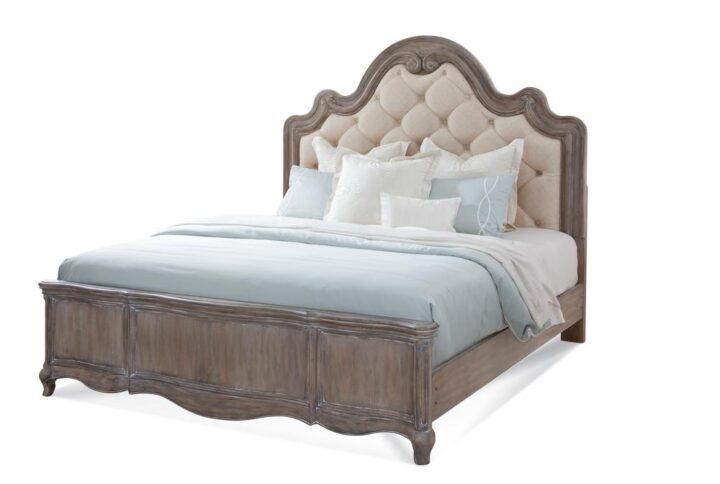 The Genoa Bedroom collection lends a romantic yet relaxed atmosphere to your space.   The trendy antique grey finish accents the graceful silhouette of the pieces.  The Genoa Queen Bed is set apart by the opulent tufted headboard framed by shapely moldings and carvings. The shaped front of the low footboard extends the elegance of this gorgeous bed.  Your purchase includes one tufted headboard