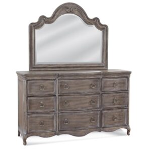 The Genoa Bedroom collection lends a romantic yet relaxed atmosphere to your space.    The trendy distressed antique grey finish accents the graceful serpentine fronts of the pieces.  The Genoa Triple Dresser and Mirror features 9 spacious drawers for storage including felt lining in the top drawers to protect your finer things.  The elegant carved moldings enhance the coordinating mirror.  Your purchase includes one dresser and one mirror.