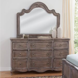 The Genoa Bedroom collection lends a romantic yet relaxed atmosphere to your space.    The trendy distressed antique grey finish accents the graceful serpentine fronts of the pieces.  The Genoa Triple Dresser and Mirror features 9 spacious drawers for storage including felt lining in the top drawers to protect your finer things.  The elegant carved moldings enhance the coordinating mirror.  Your purchase includes one dresser and one mirror.