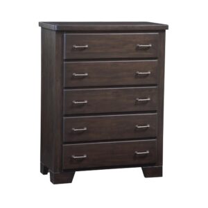 Warmth with a slight industrial edge are the hallmarks of the Billings Bedroom Collection.  Clothes stay neatly tucked away with this sturdily constructed five drawer chest featuring roller bearing side guides for smooth operation. From tapered feet to neatly beveled top