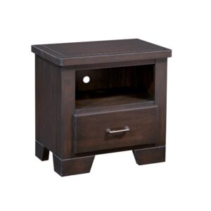 Warmth with a slight industrial edge are the hallmarks of the Billings Bedroom Collection. This nightstand stores all your night and morning essentials. From tapered feet to neatly beveled top