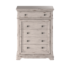 The Providence Bedroom Collection presents a rustic vibe combined with a stately and eloquent feel.  The distressed antique white finish features rub through giving the pieces that well worn look.  The chest boasts five spacious drawers for storage with felt lining in the top drawer to protect your finer things.  Drawers feature English Dovetail construction with smooth operating  roller bearing side glides.  Antique brass knobs add to the vintage feel.  Your purchase includes one chest of drawers.