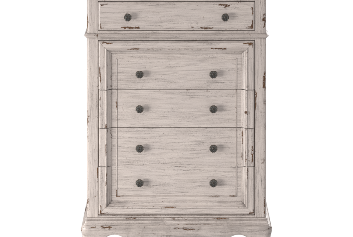 The Providence Bedroom Collection presents a rustic vibe combined with a stately and eloquent feel.  The distressed antique white finish features rub through giving the pieces that well worn look.  The chest boasts five spacious drawers for storage with felt lining in the top drawer to protect your finer things.  Drawers feature English Dovetail construction with smooth operating  roller bearing side glides.  Antique brass knobs add to the vintage feel.  Your purchase includes one chest of drawers.